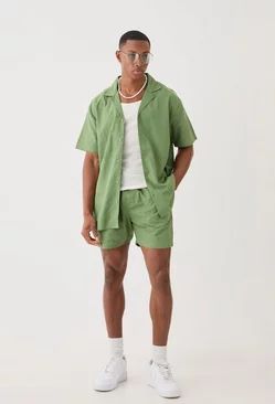 Men's Linen Shirts And Shorts | boohooMAN USA Men Style Big Guys, Unique Clothing Style Men, Summer Vacation Mens Outfits, Summer Man Clothes, Men's Vacation Style, Love Island Mens Outfits, Men’s Bahamas Outfit, Men’s Rave Fits Summer, Green Outfit Men Summer