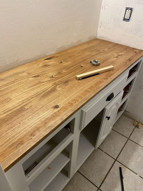 Replacing Bathroom Countertop, Wood Counters In Bathroom, Replace Bathroom Vanity Top, Inexpensive Bathroom Countertop Ideas, Wood Counter Tops Bathroom, Vanity Wood Countertop, Wood Top Vanity Bathroom, Vanity Top Makeover, Wood Bathroom Backsplash