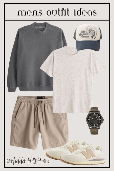 Causal and elevated men’s outfit idea with shorts, an essential tee, and a crew sweatshirt paired with sneakers and a trucker hat Mens Target Outfit, Mens Clothing Styles Florida, Mens Casual Athletic Outfits, Mens Everyday Outfits Summer, Man Home Outfit, Comfy Summer Outfits Men, Abercrombie Mens Outfits, Athleisure Fashion Men, Cool Boy Outfits Aesthetic