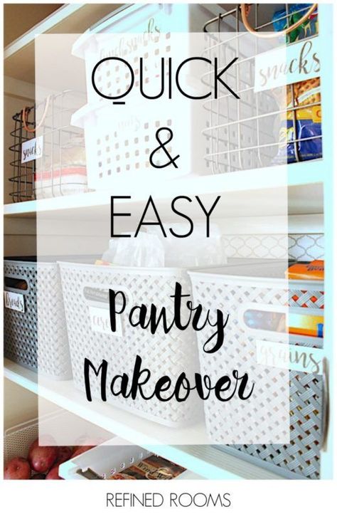 A coat of paint, some new shelf liner, removable wallpaper and the addition of a few new stylish storage products is all it took to complete this quick & easy pantry makeover via Refined rooms Pantry Shelf Liner, Kitchen Pantry Makeover, Small Fridge Organization, Small Pantry Organization, Under Kitchen Sink Organization, Declutter Kitchen, Pantry Makeover, Storage Products, Small Pantry