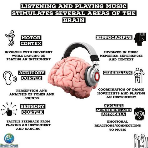 [Infographic] Listening and Playing Music... How Music Affects The Brain, Music And Brain, Intro To Psychology, Health Awareness Poster, Improve Brain Power, Music And The Brain, Brain Icon, Creating Music, Sound Science