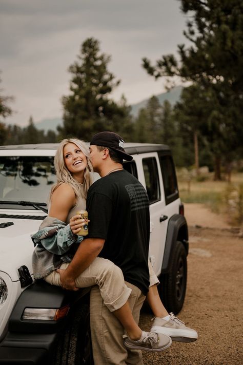 Fun Engagement Photos With a Jeep | Playful Engagement Photos | Colorado Elopement Photographer | This couple had the most playful Colorado engagement pictures with some casual engagement outfit ideas! Find adventure couple engagement, colorado engagement photo locations, outdoor engagement photo poses and playful couples photography. Book Mataya for your playful engagement session or adventure elopement at matayabuck.com! Jeep Wrangler Couple Photoshoot, Jeep Wrangler Photoshoot Ideas, Fall Jeep Photoshoot, Couple Jeep Photoshoot, Truck Poses Photo Ideas, Couples Truck Pictures, Couple Photos With Car, Jeep Wrangler Couple, Jeep Couple Pictures