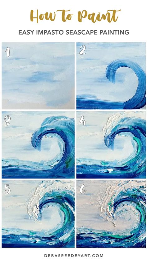 Easy Impasto Waves seascape painting - Debasree Dey Art Easy Wave Painting, How To Paint Waves Acrylic, Wave Painting Abstract, Wave Tutorial, Ocean Wave Painting, Impasto Technique, Wave Canvas, Dolphin Painting, Painting Challenge