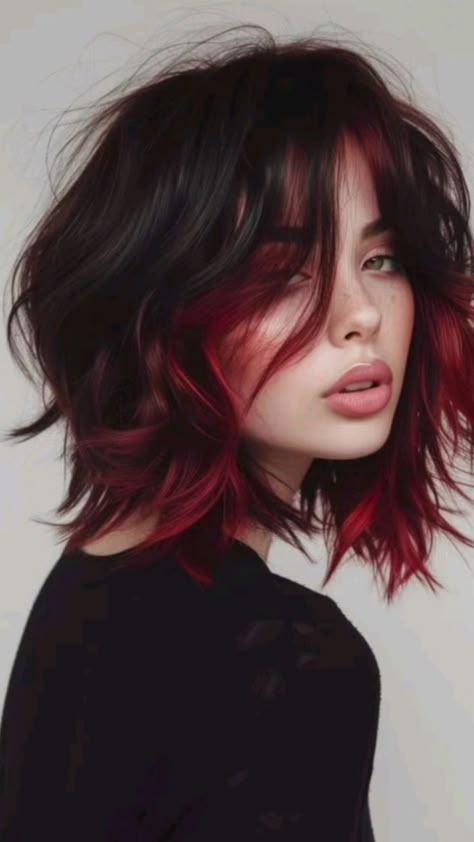 Red Hair Color Peekaboo, Colored Hair With Black Roots, Burgundy Highlights Short Hair, Black To Red Ombre Hair Short, Hair Color Ideas Unnatural, Dark Red Bob With Bangs, 2025 Hair Color Trends, Short Cherry Red Hair, Dark Red Ombre Hair