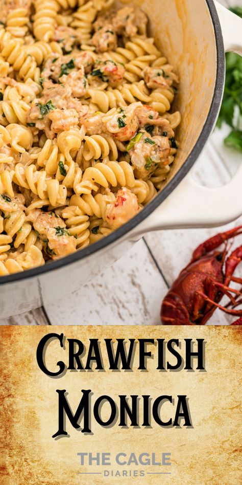 This Crawfish Monica Recipe is always a favorite at the New Orleans Jazz Fest. It's so popular you'll see everyone eating it on the streets! Crawfish Monica is a simple dish of noodles with a crawfish cream sauce, but as with any Cajun and Creole recipe, it's far from being bland. Dinner Ideas With Crawfish Tails, Easy Crawfish Fettucine Recipe, Crayfish Pasta Recipe, Monica Sauce Recipe, Crawfish Dishes Louisiana, Crawfish Etoufee Pasta, Crawfish Bread Recipe New Orleans, Crawfish Spaghetti Recipes, Crawfish Etoufee Cream Of Mushroom