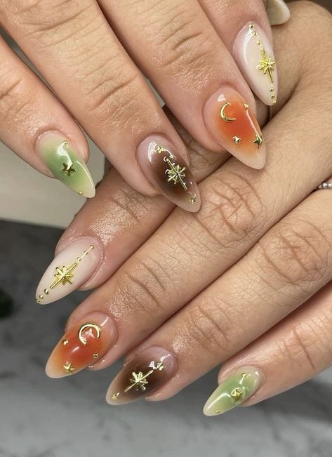 French Tip Nails Green, Stubby Nails, Maximalist Nails, Acrylic Nails Fall, Nails Aura, Orange Aura, Nails Fall Nails, Aura Nails, Thanksgiving Nail Designs