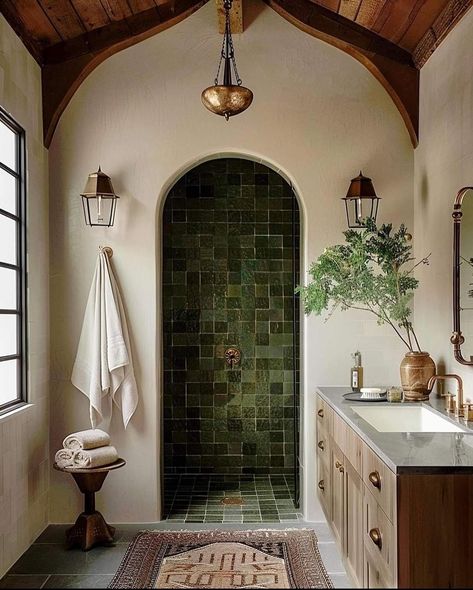 Spanish Master Bath, Eclectic Bathrooms, Spanish House Aesthetic, Colorful Shower Tile, Large Bathroom Ideas, Spanish Bathroom, Bathroom Inspiration Decor, Mediterranean Home, Dream House Interior