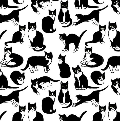 Tuxedo Cats pattern by Alison Kolesar Tuxedo Cat Art Illustration, Tuxedo Cat Tattoo Designs, Cat Tattoo Tuxedo, Tuxedo Cat Illustration, Tuxedo Tattoo, Tuxedo Cat Cartoon, Tuxedo Cat Wallpaper, Black And White Cat Illustration, Tuxedo Cat Drawing