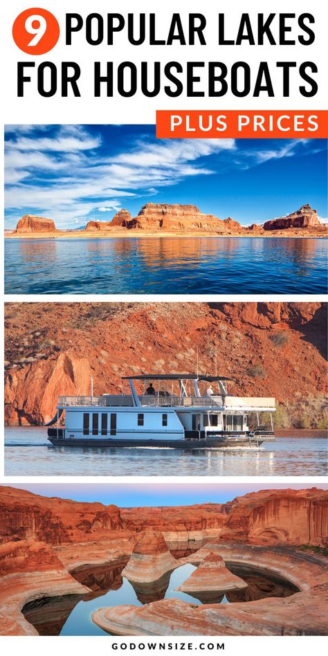 Houseboats are a really fun lifestyle for minimalists or vacation idea. Simple living on the water with a spectacular view. Here are 9 popular lakes for houseboats plus the rules, regulations, and rental costs! Weigh in on the pros and cons of owning a houseboat vs. renting one. Find answers to important details about living in a houseboat. Do you need a special license to operate a houseboat? Plus top things to know about mooring your houseboat and more! Lake Powell Houseboat, Houseboat Vacation, Lake Shasta, Luxury Houseboats, Houseboat Rentals, Houseboat Living, Marina Resort, Lakes In California, Table Rock Lake