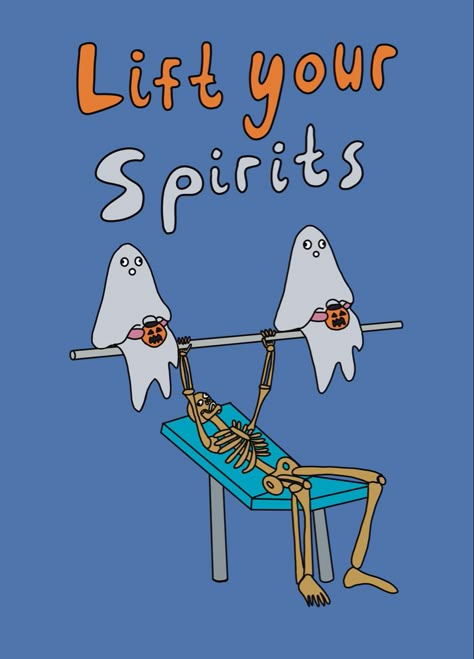 Skeleton bench pressing 2 ghosts with pumpkin trick or treating buckets. Skeleton Working Out, Funny Halloween Images, Skeleton Puns Halloween, Funny Halloween Art, Funny Skeleton Drawing, Funny Halloween Pics, Halloween Notes, Skeleton Puns, Fitness Puns