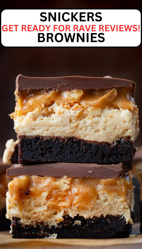 two brownies are in a stack Snickers Brownies, Snickers Dessert, Snicker Brownies, Easy Impressive Dessert, Snickers Candy Bar, Snickers Candy, Retro Desserts, Layered Dessert, Gooey Caramel