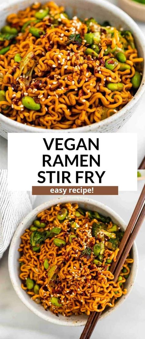 This vegan ramen noodle stir fry is an easy to make gluten free dinner that is full of flavor and packed with veggies. Healthy Ramen Meal Prep, Macro Friendly Ramen, Macro Friendly Ramen Recipes, Easy One Person Dinner, Meatless Pastas, Ramen Noodle Stir Fry, Healthy Ramen, Vegetarian Ramen, Noodle Dinner