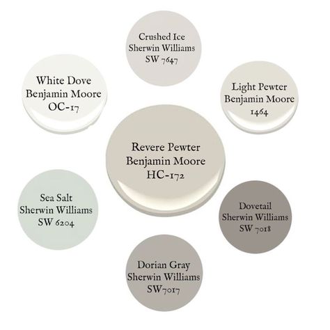 Benjamin Moore Light Pewter, Pewter Benjamin Moore, Gray Paint Colors, Revere Pewter Benjamin Moore, Farmhouse Paint Colors, Farmhouse Paint, Revere Pewter, Palette Design, Gray Paint