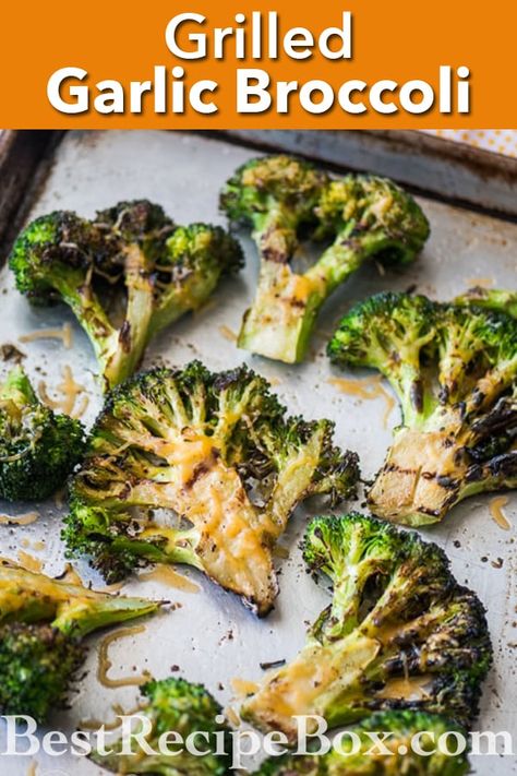 Grilled Broccoli Recipe on BBQ with Garlic and Cheddar Cheese Bbq Broccoli, Broccoli Grilled, Cheddar Cheese Recipes, Grilled Vegetable Recipes, Grilled Garlic, Grilled Broccoli, Grilled Cauliflower, Garlic Broccoli, Sides Recipes