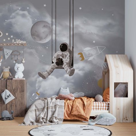 Kids Space Room, Moon And Stars Wallpaper, Space Themed Bedroom, Space Themed Room, Baby Boy Bedroom, Boy Bedroom Design, Stars Wallpaper, Space Nursery, Kids Interior Room