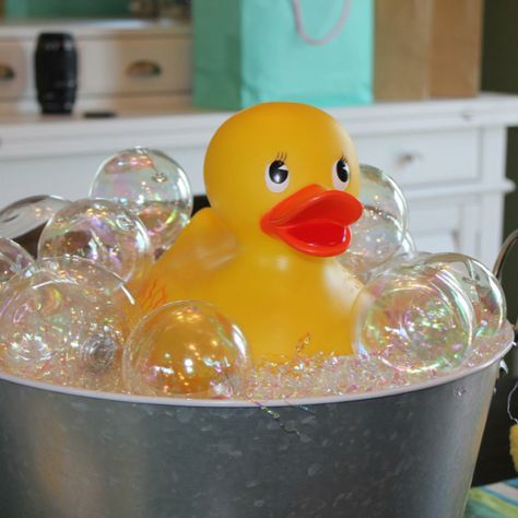 Rubber ducky bubble bath using clear, plastic iridescent ornaments and the iridescent filler you use in Easter baskets! Baby Shower Diy Centerpieces, Iridescent Ornaments, Diy Centerpieces, Rubber Ducky, Bubble Bath, Rubber Duck, Clear Plastic, Easter Baskets, Punch Bowl