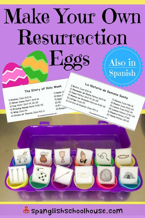 DIY Resurrection Eggs in Spanish Diy Resurrection Eggs, Resurrection Crafts, Spanish Eggs, School Countdown, Resurrection Eggs, Easter Lessons, Easter Sunday School, Resurrection Day, Easter Preschool