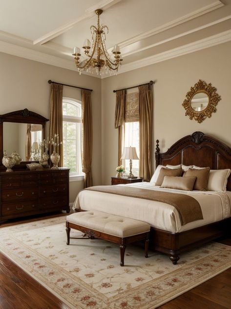 Bedroom Interior Design Traditional, Classic Traditional Home Decor Bedroom, Classic Bedrooms Elegant, Classic Bedroom Design Luxury Elegant, Vintage Design Bedroom, Modern And Traditional Bedroom, Modern Traditional Breakfast Area, Modern Victorian Style Bedroom, Traditional Colonial House Interior