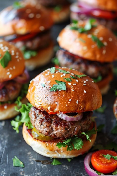 Juicy burgers topped with sesame seed buns, lettuce, tomato, pickles, onion, and fresh herbs. Small Hamburgers Mini Burgers, Mini Beef Patties, Mini Hamburger Patties, How To Serve Burgers At A Party, Mini Hamburger Appetizers, Mini Burger Buns Recipe, Mini Beef Sliders, Slider Hamburgers Mini Burgers, Make Ahead Sliders For A Crowd