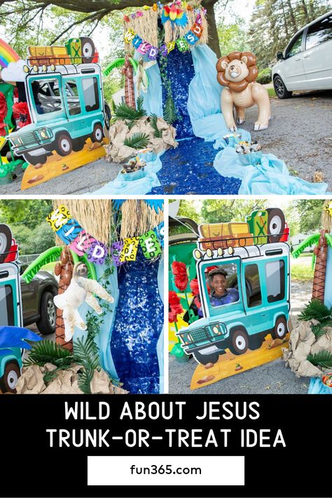 This wild about Jesus trunk-or-treat idea is perfect for a church group to create. We love all the safari elements to this trunk. Check out how it all came to life! Trunk Or Treat Themes, Inflatable Palm Tree, Baby Jungle Animals, Harvest Fest, Animal Tails, Bouncy Balls, About Jesus, Bible Story, Trunk Or Treat