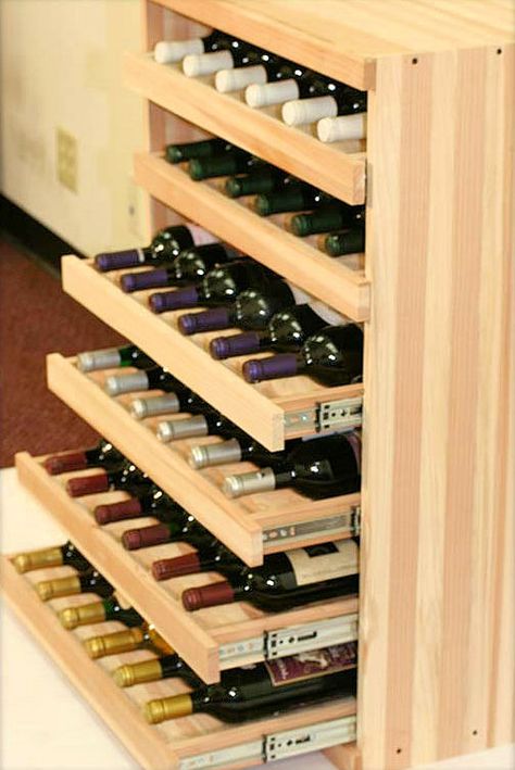 Wine Storage Drawers, Built In Roomba Storage, Wine Bottle Storage Ideas, Gömda Rum, Bottle Cabinet, Homemade Wine Rack, Diy Wine Rack Projects, Wine Rack Projects, Elegant Cabinet