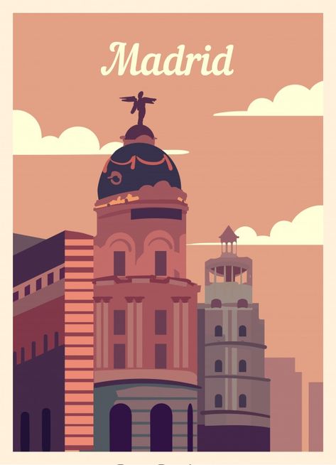 Retro poster madrid city skyline. Premiu... | Premium Vector #Freepik #vector #travel #city #building #tourism Madrid City, City Skyline, Metal Poster Displate, Travel Poster, Retro Poster, Retro Style, Poster Print, Madrid, Spain