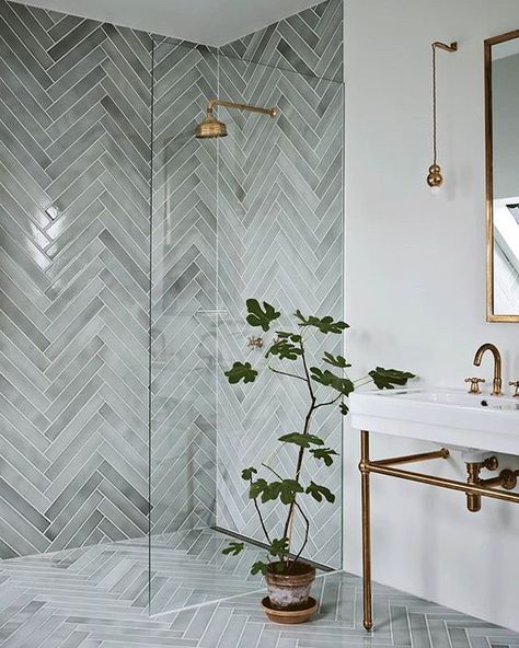 Oh. My. Gosh.! This green herringbone tile is incredible... but the fact that it was installed not only on the shower walls but floor really creates a stunning texture and pattern! #Inspiration  #GreenBasementsAndRemodeling #MasterBathroom #Shower #Tile #Bathroom #RoswellRemodel #AtlantaConstruction #AlpharettaRemodel Bilik Air, Bad Inspiration, Herringbone Tile, Bathroom Inspiration Decor, Bathroom Renos, House Bathroom, Beautiful Bathrooms, Bathroom Makeover, Cheap Home Decor