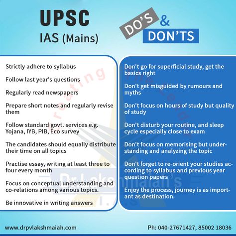 UPSC IAS (Mains) Do's & Don'ts. For more details visit: www.drpvlakshmaiah.com || Ph: 040-27671427, 85002 18036 Ias Aspirant, Study Preparation, Upsc Preparation, Exam Preparation Tips, Ias Officer, Ias Study Material, Upsc Exam, Economics Lessons, Exam Study Tips