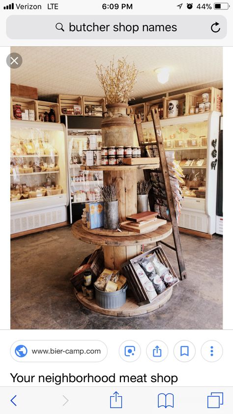 Small Farm Store Ideas, Farm Store Ideas Farmers' Market, Modern General Store Ideas, Charcuterie Shop Design, Feed Store Display Ideas, Store Shelving Ideas, General Store Aesthetic, Cottagecore Store, Butcher Shop Design Interiors