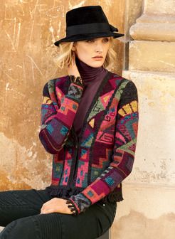 In stained-glass hues framed with black, this stunning art knit is patterned in bold Inca geometrics. Intarsia knit in a brilliant mosaic of hand-tweeded alpaca (60%) and pima (40%) yarns. Styled with a deep v-neck, single button closure, handcrocheted edging and fringe at the hem and sleeves. Peruvian Sweaters, Womens Fashion Classy Casual, Art Knit, Alpaca Cardigan, Peruvian Connection, Sweaters And Cardigans, Sweater Hat, Alpaca Sweater, Knit Alpaca