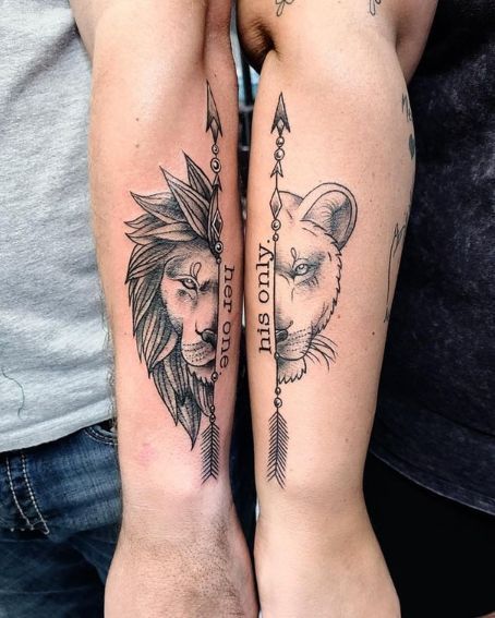 Girlfriend Tattoos, Married Couple Tattoos, Tato Paha, Marriage Tattoos, Him And Her Tattoos, Partner Tattoos, Lion Lioness, Wife Tattoo, Couples Tattoo