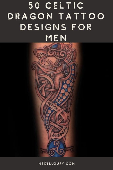 The unmatched intricacy of the Celtic dragon tattoo has deep connections to Celtic folklore and symbolic meaning. These fierce beasts are a masculine addition to your collection of body art.Dragon tattoos incorporate a certain sense of fearlessness into your style. #nextluxury #tattooideas #tattoodesigns Celtic Dragon Tattoos For Men, Celtic Mandala Tattoo, Celtic Sleeve Tattoo Men, Celtic Arm Tattoo, Celtic Tattoos For Men Irish, Norse Dragon Tattoo, Celtic Designs Tattoo, Nordic Dragon Tattoo, Celtic Dragon Tattoo Designs