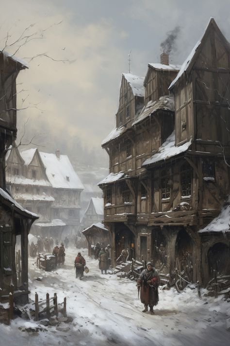 Winter Fantasy Art, Medieval Concept Art, Gothic Setting, Winter Drawings, Fantasy Village, Winter City, Mystical Places, Fantasy Drawings, Fantasy Homes