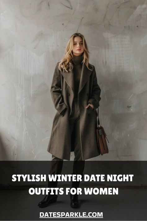 Woman in a fashionable winter coat, promoting stylish date night outfits for women. Chic Winter Date Night Outfit, Winter Day To Night Outfits, Dramatic Winter Outfit, Winter Outfits Dressy Night Out, Classy Winter Outfits Dressy, Casual Night Out Outfit Winter, Date Night Winter Outfit, Winter Fashion Outfits Dressy Classy, Date Night Outfits For Women