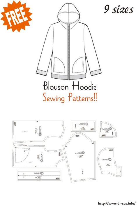 This is the pattern of Blouson Hoodie. inch size(letter size) Children's-4,8,10/Ladies'-S,M,L,LL/Men's-L,LL cm size(A4 size) Children's-100,120,140/Ladies'-S,M,L,LL/Men's-L,LL Added the number of fabric meters required for each size Hoodie Jacket Pattern, Hoodie Sewing Pattern Free, Hooded Jacket Pattern, Hoodie Sewing, Hoodie Sewing Pattern, Sewing Templates, Free Sewing Patterns, Free Pdf Sewing Patterns, Hoodie Pattern