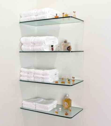 Glass Shelves For Bathroom - Ideas on Foter Glass Corner Shelves, Glass Bathroom Shelves, Glass Shelves In Bathroom, Glass Shelves Decor, Glass Shelves Kitchen, Long Floating Shelves, Floating Glass Shelves, Glass Wall Shelves, Floating Shelves Living Room