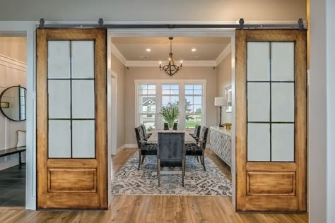 Dining Room With Double Doors, Add Doors To Dining Room, Adding Doors To Dining Room, French Barn Door, Barn Doors For Office, French Door Dining Room, Double French Doors Living Room, Slider Door Ideas, Barn Door With Glass Panels