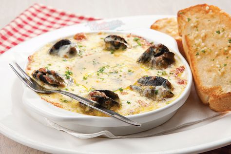 Garlic Snails. Baked in a garlic butter, topped with mozzarella cheese and served with toasted bruschetta | Panarottis http://www.panarottis.co.za/ourmenu/tostart Garlic Sauce For Steak, Garlic Snails, Escargot Recipe, Snails Recipe, Five Course Meal, Lobster Recipes Tail, Mushroom Dish, Lobster Recipes, Cheesy Sauce