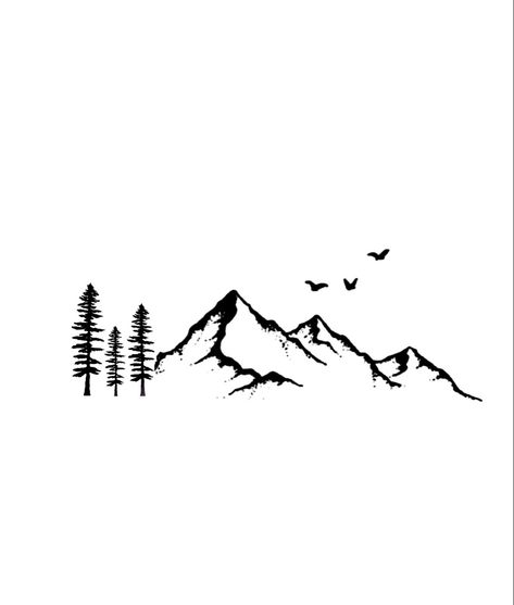 Pnw Mountain Tattoo, Mountains With Birds Tattoo, Simple Fine Line Mountain Tattoo, Simple Mountain Tree Tattoo, Mountain Cloud Tattoo, Mountain And Bird Tattoo, Mountain Arrow Tattoo, Small Wilderness Tattoo, Mountain Sun Tattoo Simple