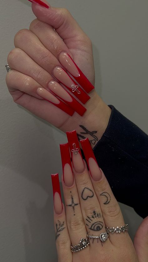 Long Nails Red, Nails Spooky, Red French Tip, Long Red Nails, Spooky Nails, Cross Nails, Long Square Nails, Acrylic Nail Shapes, Red Acrylic Nails