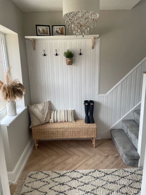 My scandi hallway Country Style Hallway Ideas, Hallway Ideas Scandinavian, Country Home Hallway, Cottage Style Hallway, Nordic Hallway Entrance, Small Home Hallway Ideas, Scandi Panelling, Family Hallway Storage, Small Hall Ways Ideas