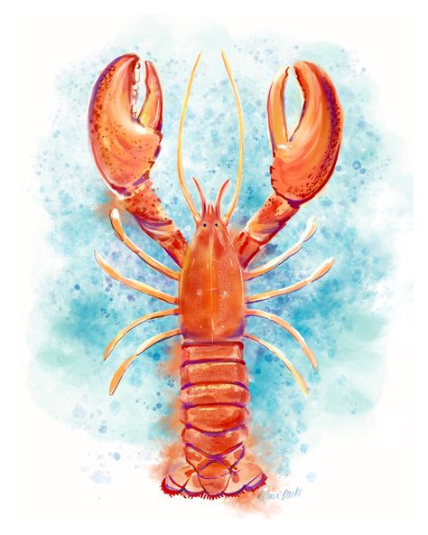 This watercolor lobster will brighten any room in your home, office or living space. Created by artist and founder Dawn Burke . Overview Available as an 8"x10" or 11"x14" art print, with additional 1/2" white border Printed on Bright White Fine Art Watercolor Paper, cold pressed 100% cotton rag Frame not included This item is produced using a print-on-demand partner and will ship separately from their facility Blue Lobster Painting, Louisiana Watercolor Art, Eddie Cookies, Lobster Watercolor, Starfish Painting, Tupac Art, Lobster Art, Watercolor Beach, Crab Decor