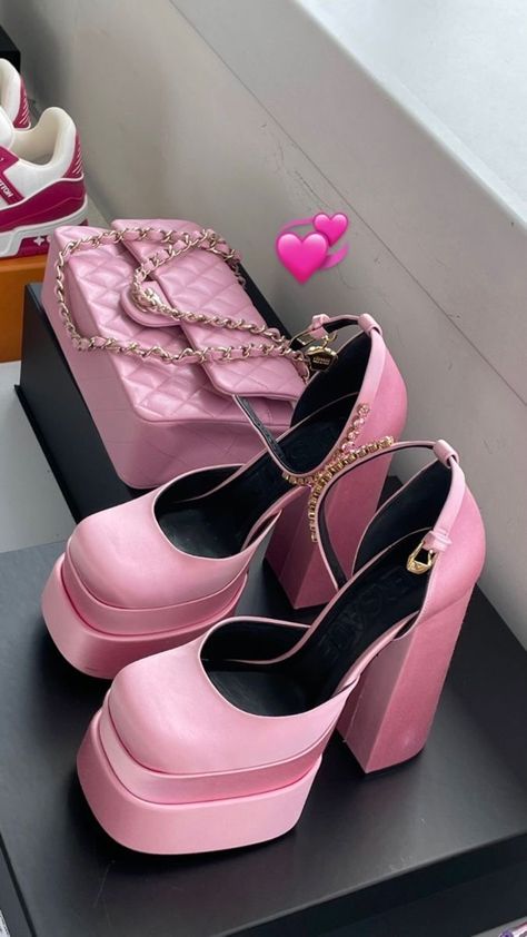 Pink Versace Heels, Heels Birthday, Pink Versace, Versace Heels, Cute Uggs, Pleaser Heels, Dr Shoes, Fashion Shoes Heels, Barbie Shoes