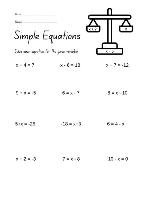 Solving Equations Worksheets Solving Equations Worksheet, Solve For X Math, Linear Equations Worksheet, Algebra Equations Worksheets, Solving Algebraic Equations, Simple Equations, Middle School Math Worksheets, Multi Step Equations Worksheets, Math Worksheets For Kids