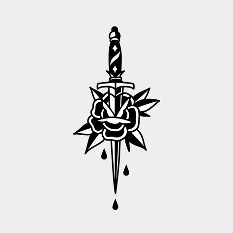 Knife And Rose Tattoo, Dagger Tattoo Design, Rose And Dagger Tattoo, Dagger Design, Traditional Dagger Tattoo, Traditional Tattoo Drawings, Rose And Dagger, Traditional Black Tattoo, Traditional Style Tattoo