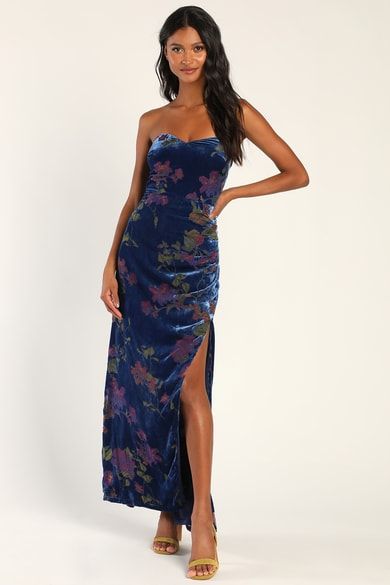 Burnout Velvet Dress, Blue Velvet Dress, Burnout Velvet, Floral Skater Dress, Velvet Maxi Dress, Guest Attire, Formal Dresses Gowns, Strapless Floral Dress, Wedding Attire Guest