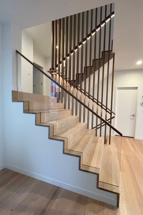 Wooden Interior Stairs, Simple Wooden Staircase Design, Stairs With Slats, Stairs Scandinavian Style, Scandinavian Interior Stairs, Japandi Stairs Design, Stairs Japandi, Internal Staircase Design, Japandi Staircase