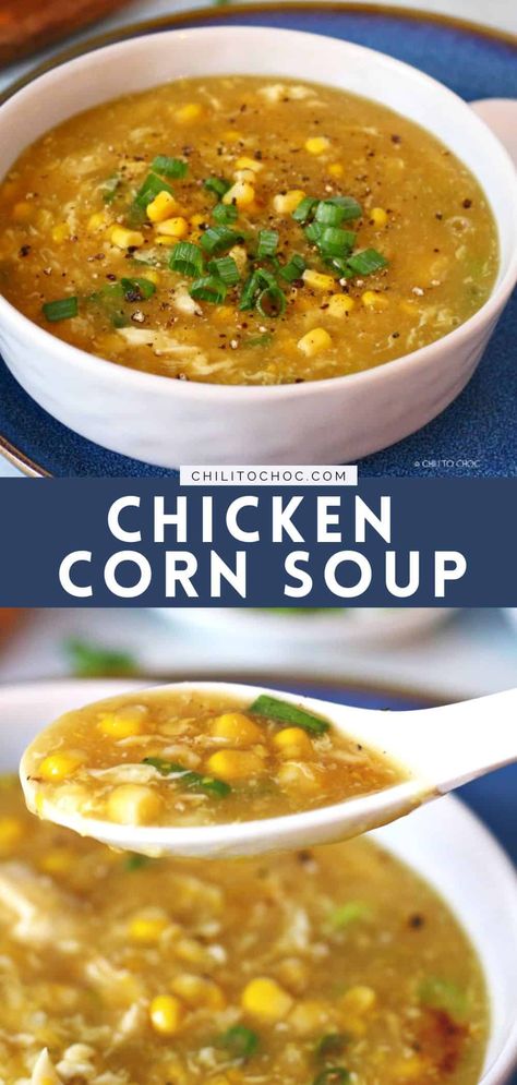 This easy Chicken Corn Soup is packed with shredded chicken, sweet corn and egg ribbons that all combine to ensure a hearty meal in 15 minutes. Chicken Sweet Corn Soup Recipe, Chinese Corn Soup, Crab And Corn Soup, Roasted Pepper Soup, Chicken And Sweetcorn Soup, Chicken Corn Soup, Corn Soup Recipes, Chicken Pumpkin, Sweet Corn Soup