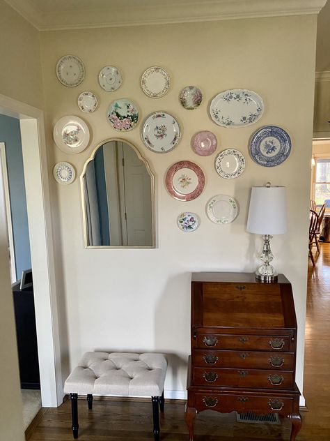 Plate wall decor, vintage plates, plate wall display Dishes Wall Decor, Bedroom Wall Decor Vintage, Glass Plate Wall Decor, Cottage Plate Wall, China Plate Wall Display, Vintage Plate Wall Decor, Plates Over Bed, How To Fill Wall Space Bedrooms, China On Wall