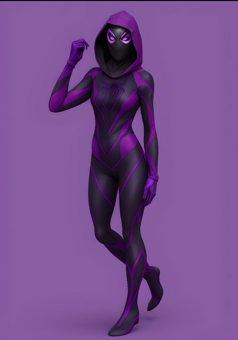 Female Spiderman Suit Design, Purple Spiderman Suit, Spider Woman Oc Suit, Spidersona Purple, Purple Superhero Suit Female, Spiderwoman Suit, Spider Woman Suit, Purple Hero Suit, Spiderman Oc Suit Female